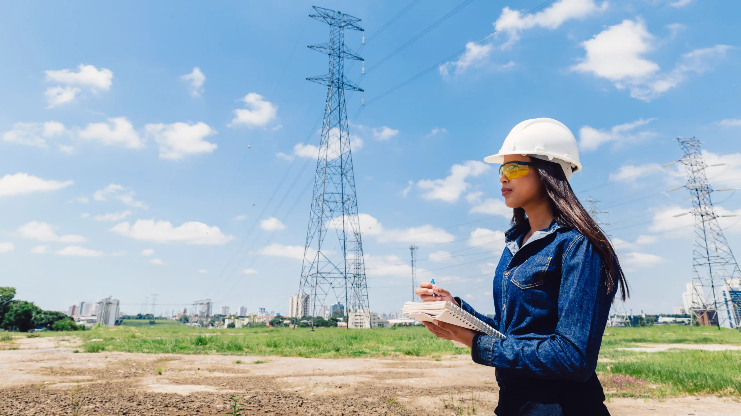 african-american-woman-safety-helmet-taking-notes-near-high-voltage-line